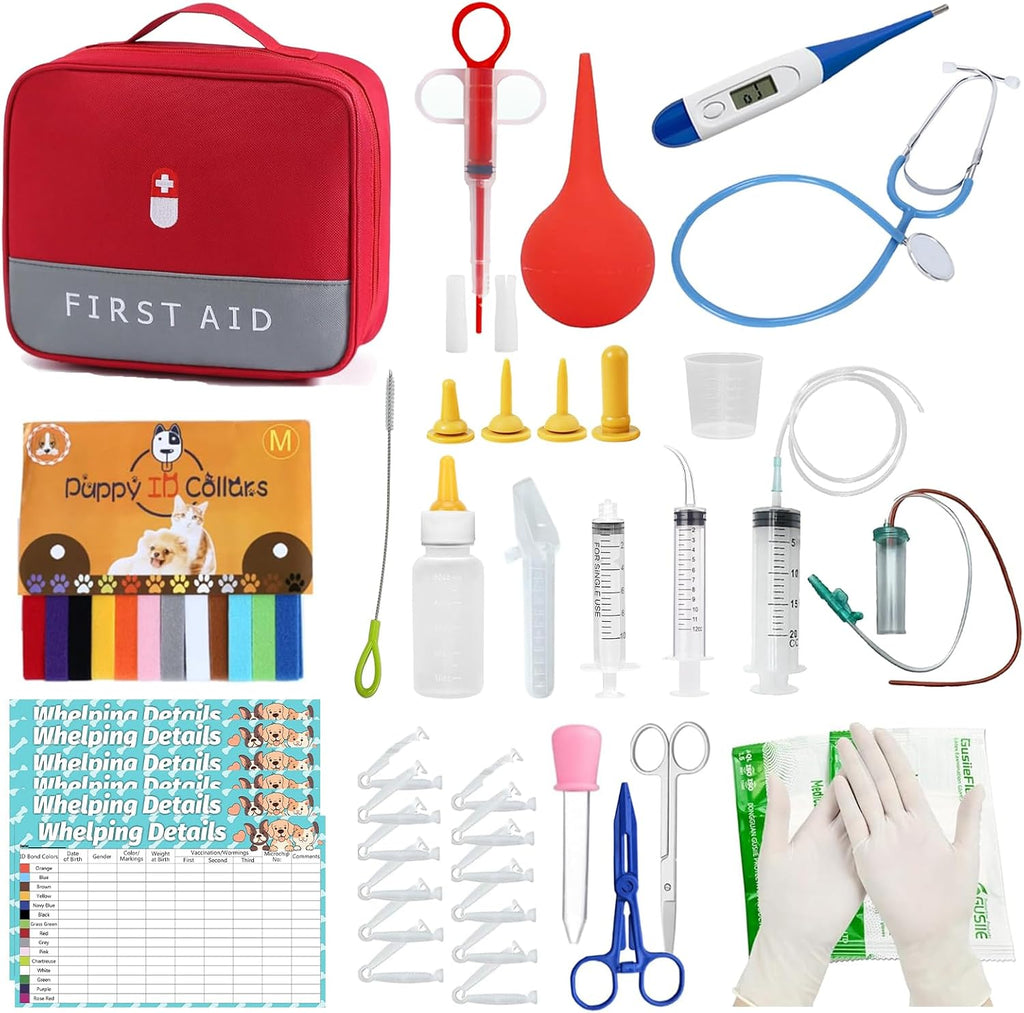 Generic puppy whelping kit front view showing the red first aid storage pouch with white cross symbol.