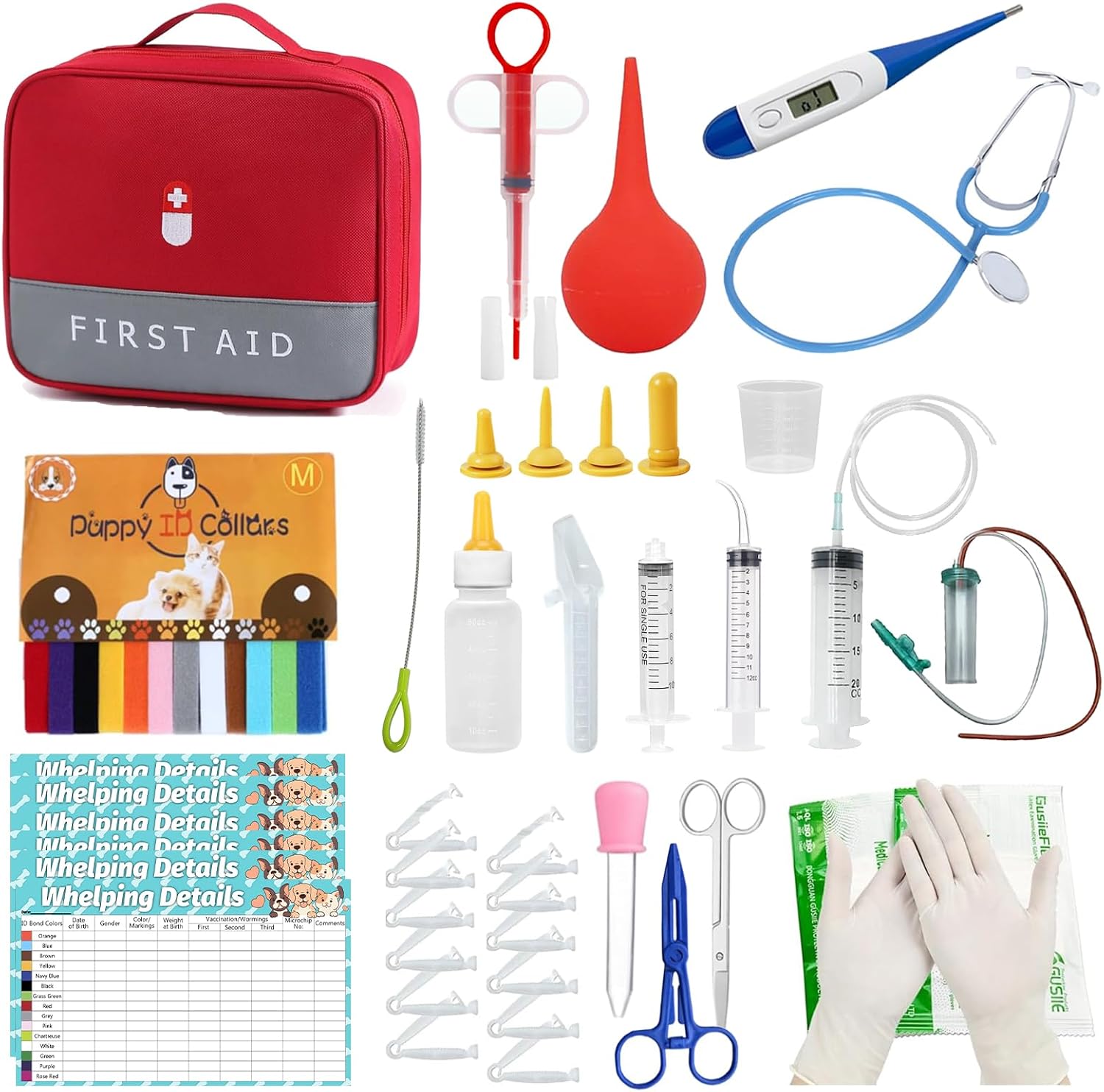 Generic puppy whelping kit front view showing the red first aid storage pouch with white cross symbol.