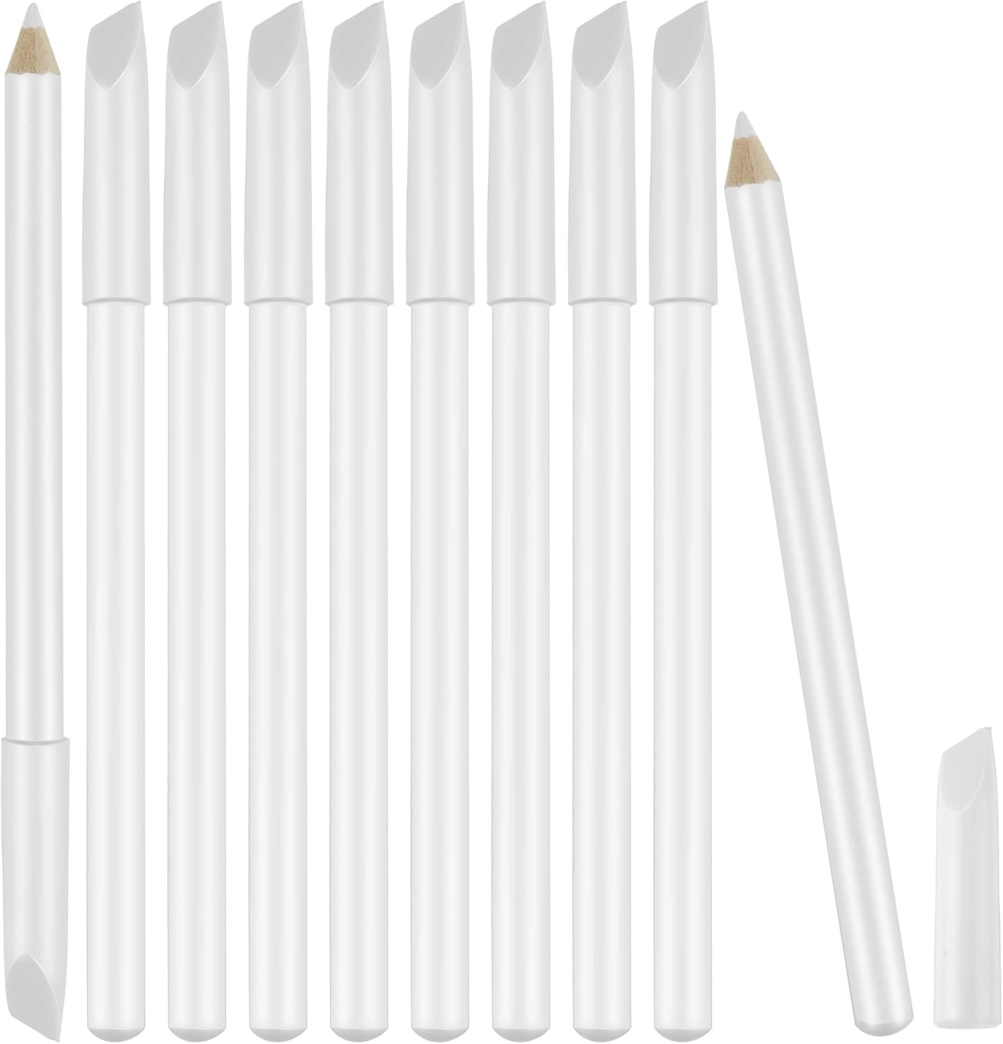Maitys 10 Pieces White Nail Pencil pack front view displaying the whitening pens and cuticle pusher caps.