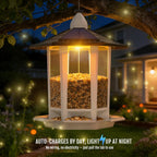 Birdream pagoda bird feeder glowing with warm yellow LED light at night