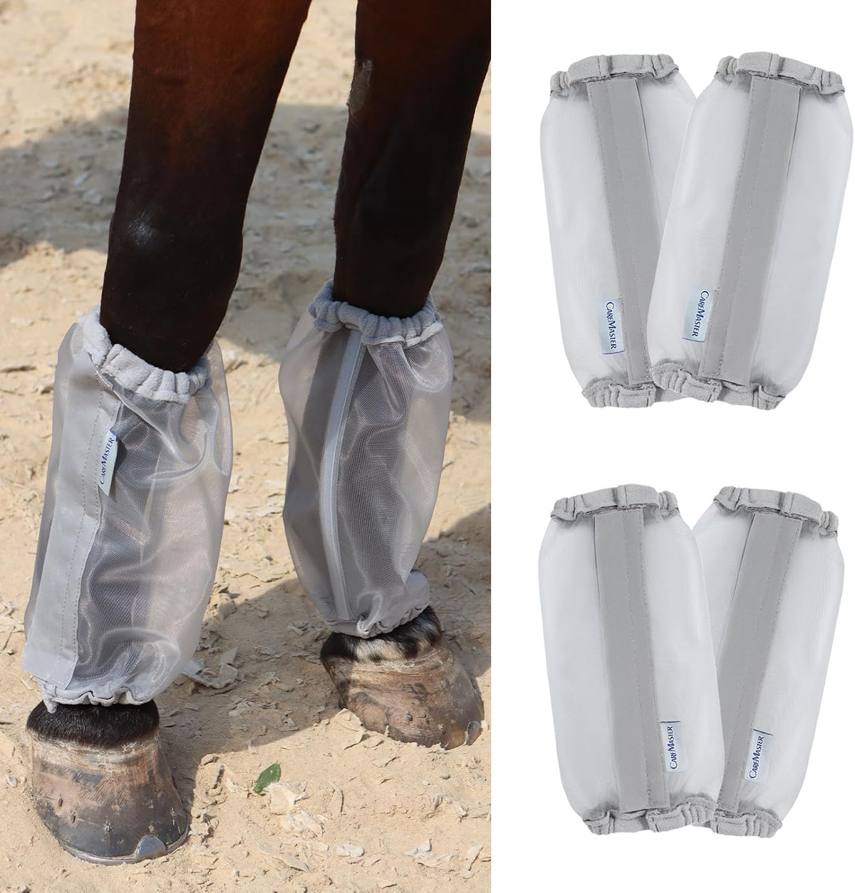 Adjustable touch and go tape mechanism on the purple CareMaster equine leg guards.