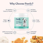 Pawfy pet wellness probiotic container illustrating skin allergy and stool regulation benefits