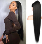 Flufymooz long straight drawstring ponytail extension front view showing 36 inch sleek black hair quality.