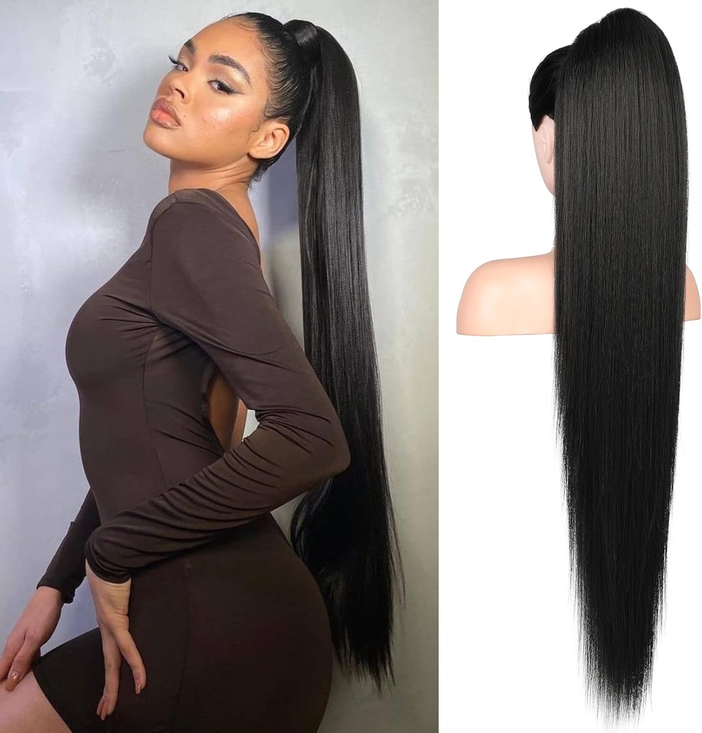 Flufymooz long straight drawstring ponytail extension front view showing 36 inch sleek black hair quality.