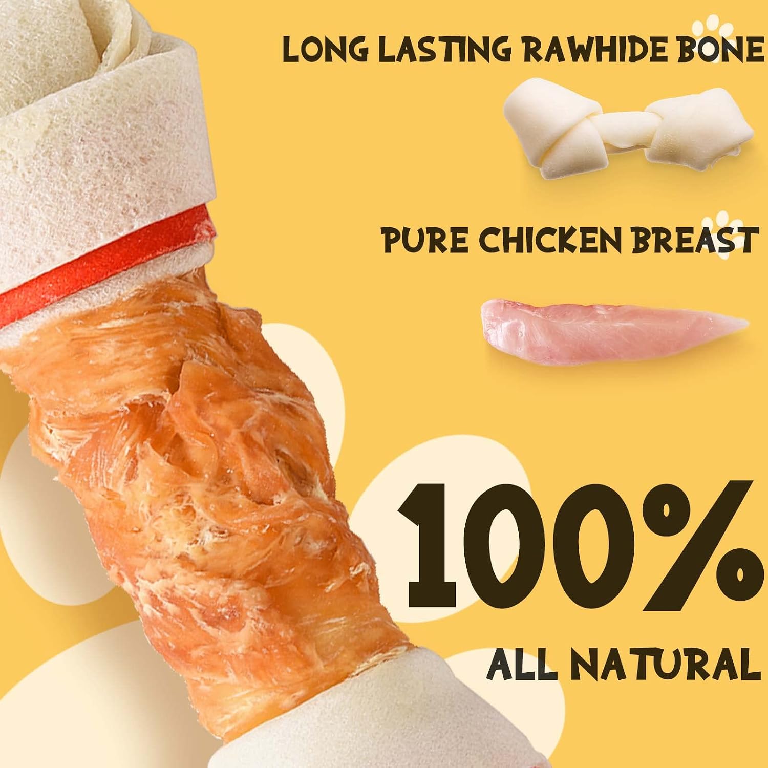 Dog chewing on chicken wrapped rawhide dental bone