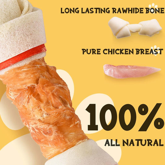 Dog chewing on chicken wrapped rawhide dental bone