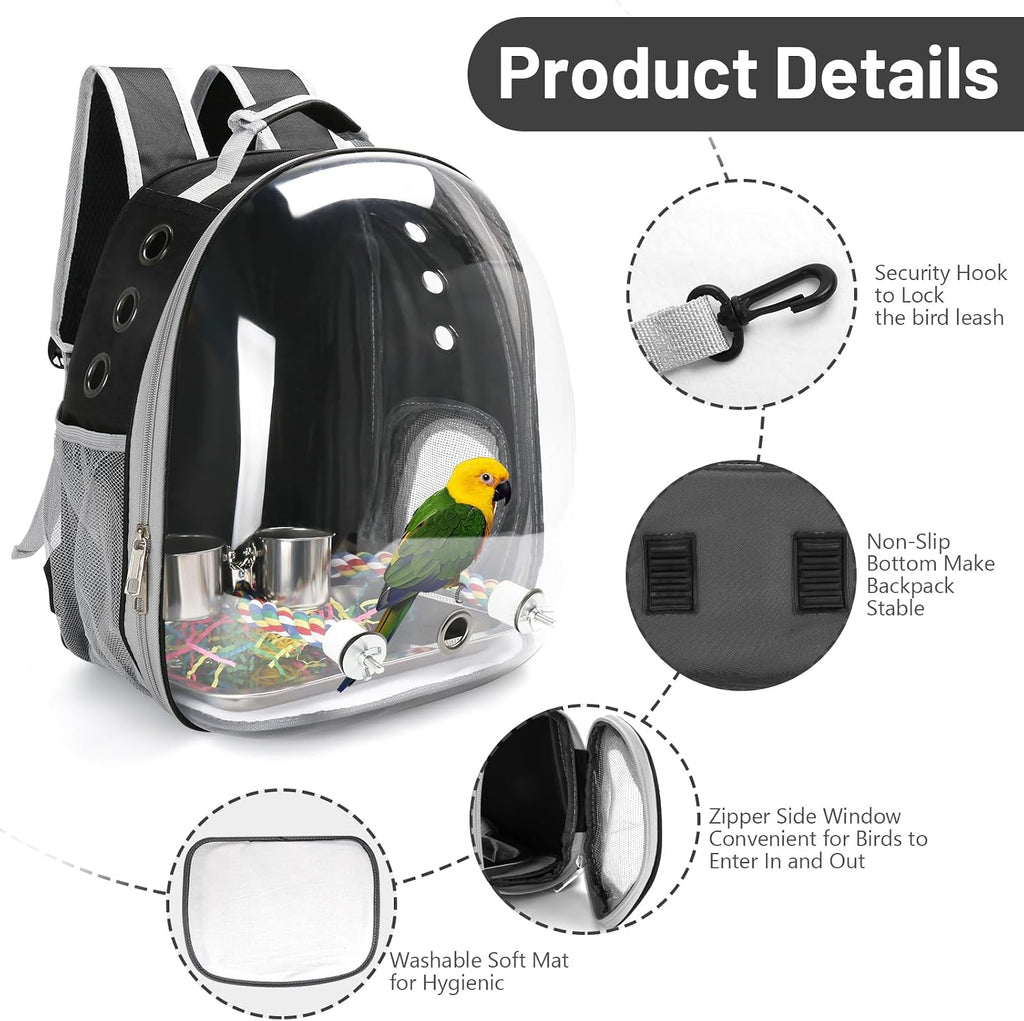 Interior setup of SSAWcasa parrot carrier with standing perch and food cups