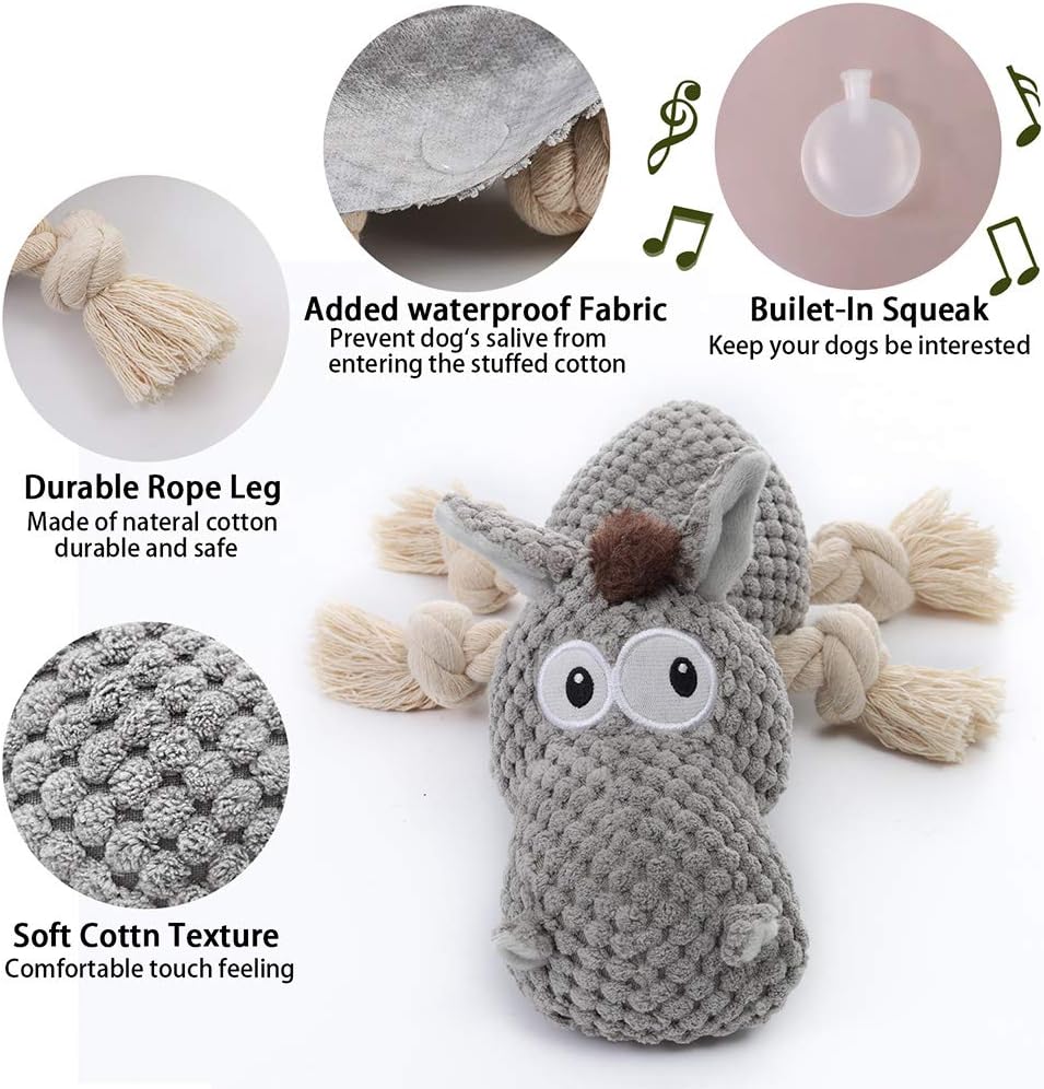 Sedioso squeaky dog toy with durable woven cotton rope legs close up