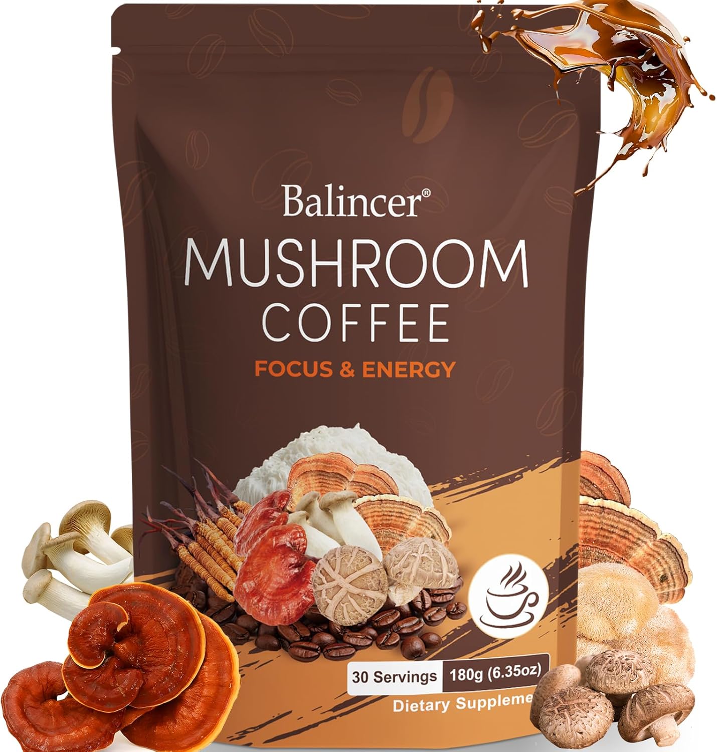 Balincer Mushroom Coffee 181 grams pouch front view showing adaptogenic blend benefits.