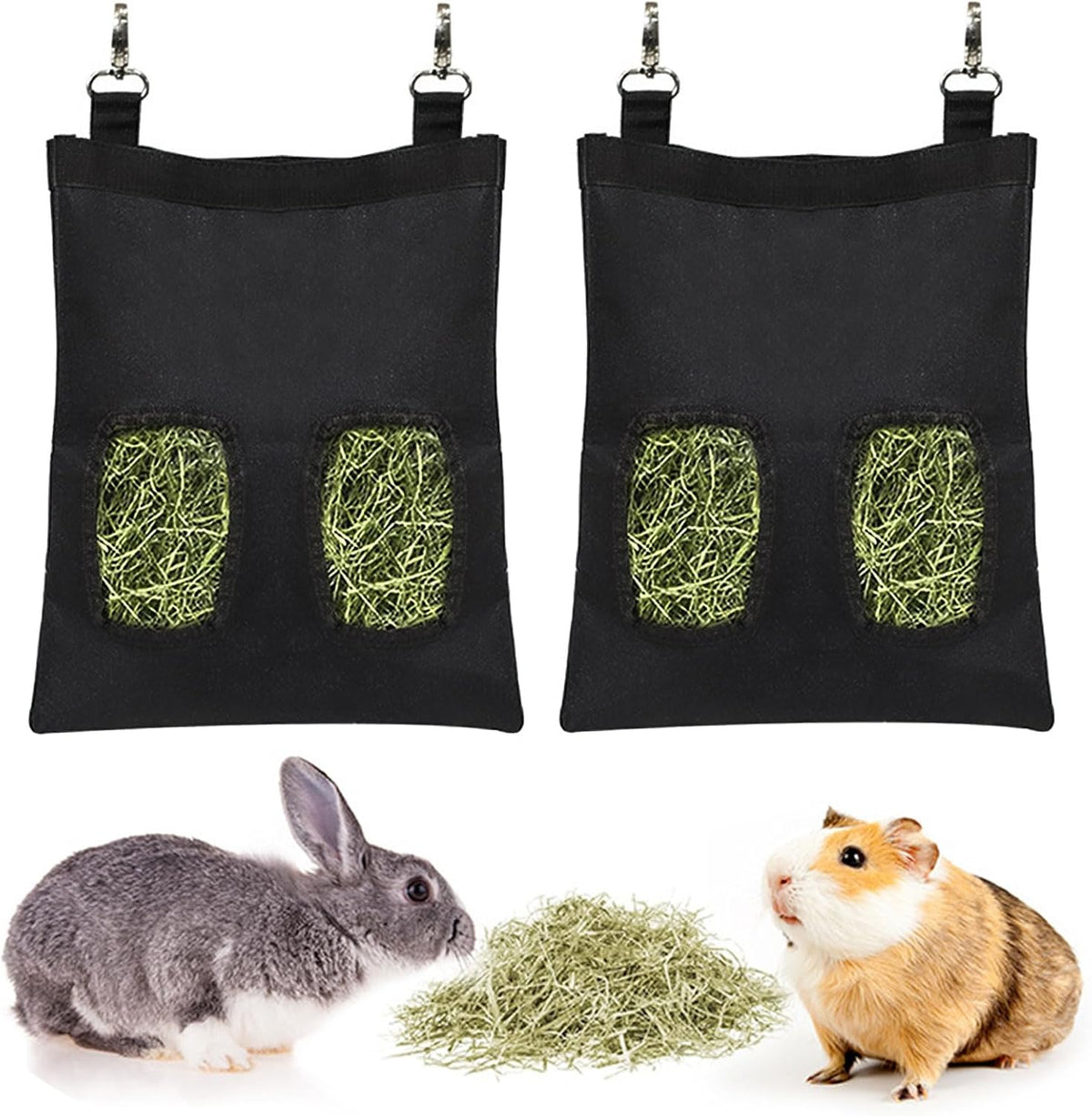 Rabbit Hay Feeder - Large Capacity Oxford Cloth Hanging Hay Bag - 4 Holes - 1 Pcs (Black) - Image 9