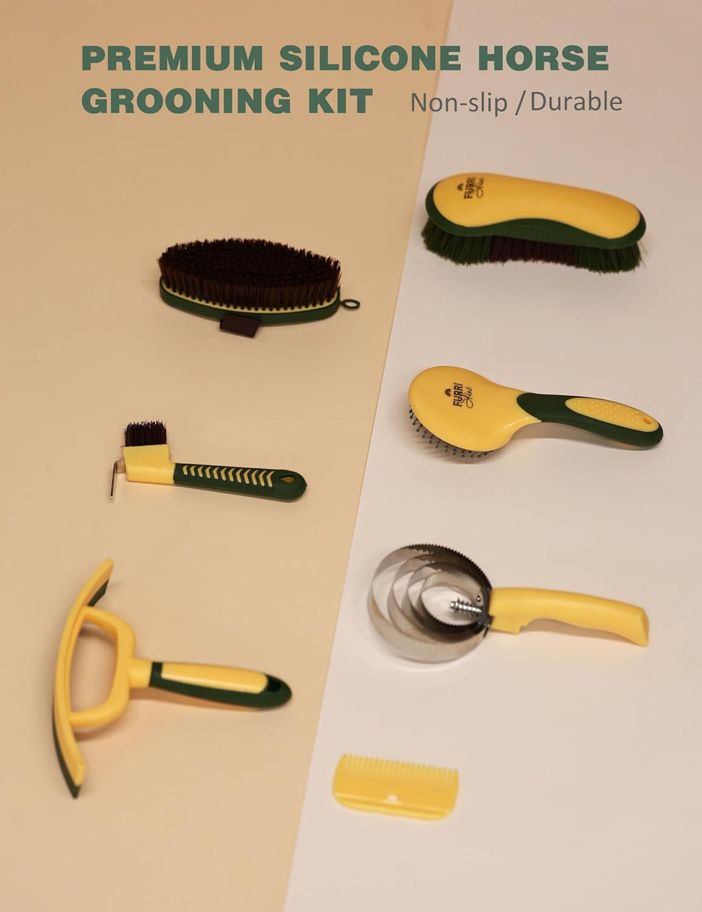Premium Furrishine horse dandy brush showing the dual stiffness biomimetic bristle design for effective coat shedding.