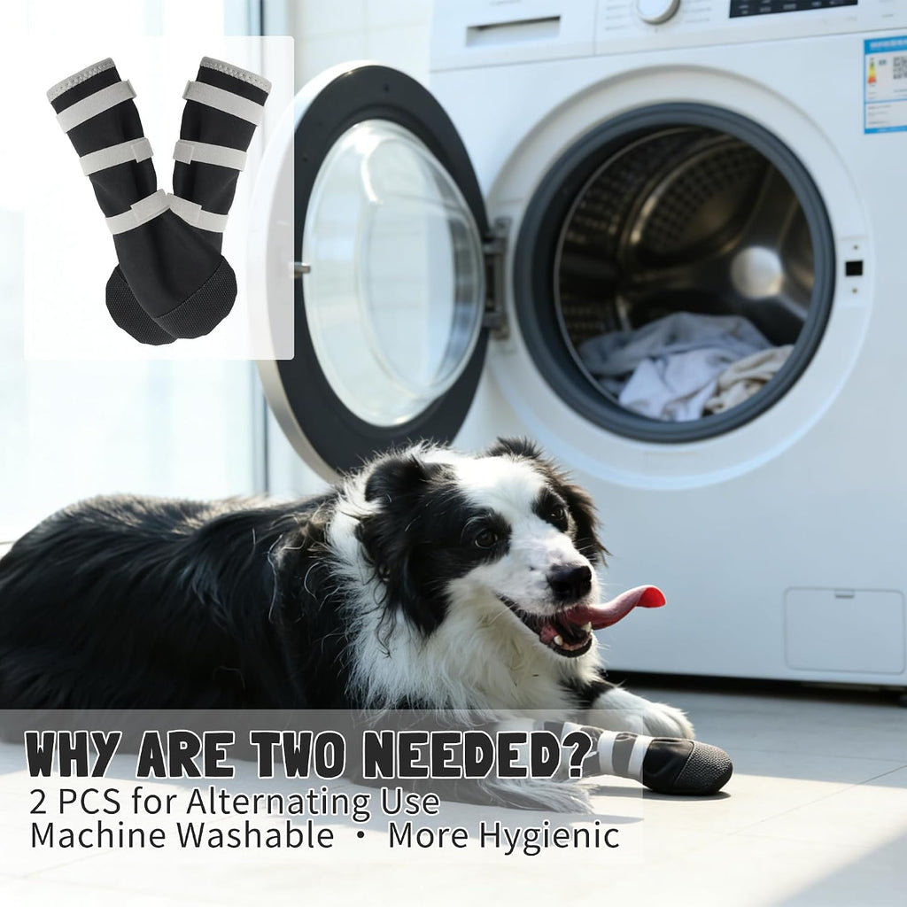 Dog wearing Snugrance recovery boots for paw protection