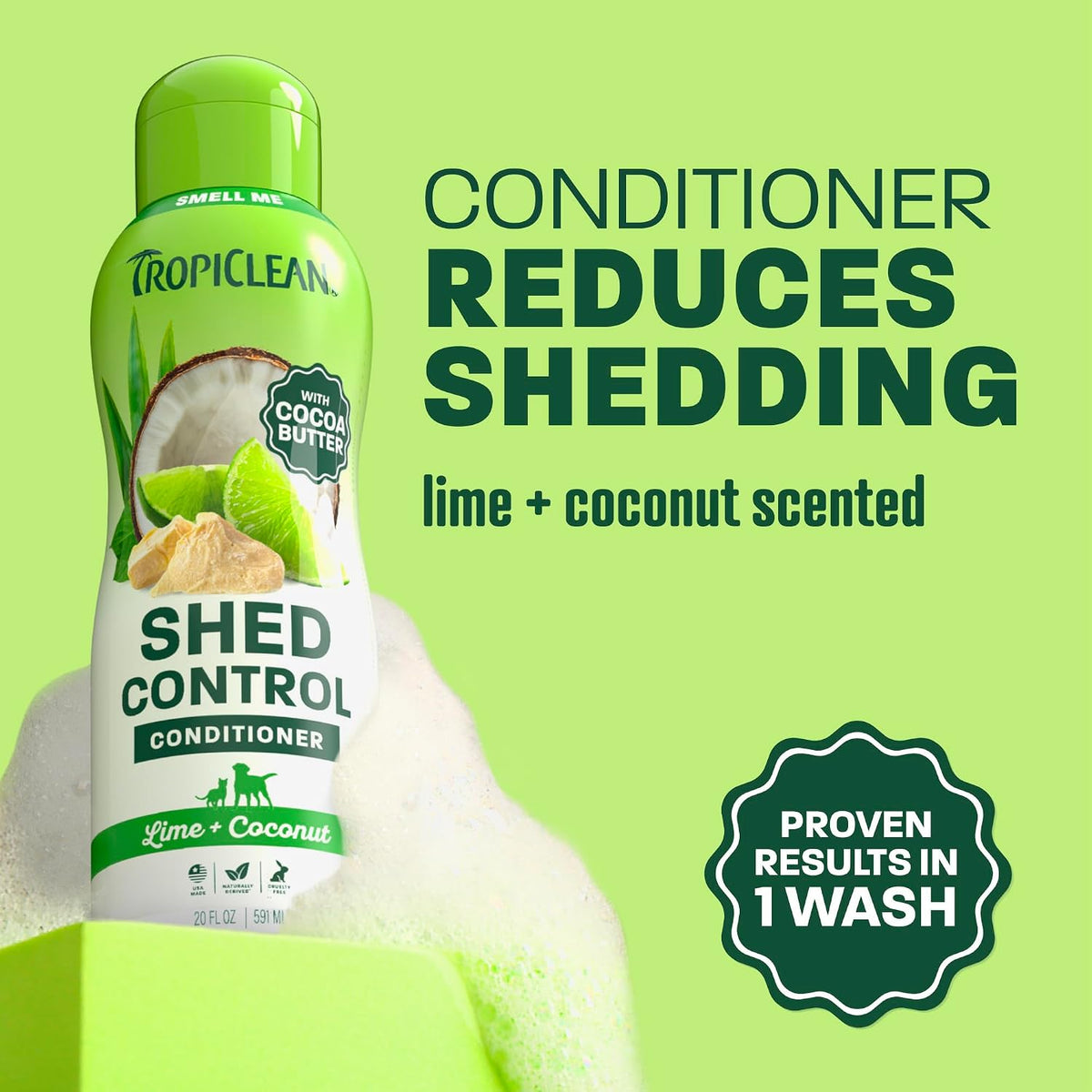 TropiClean pet shed control conditioner showing natural cocoa butter and lime ingredients
