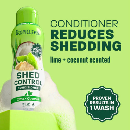 TropiClean pet shed control conditioner showing natural cocoa butter and lime ingredients