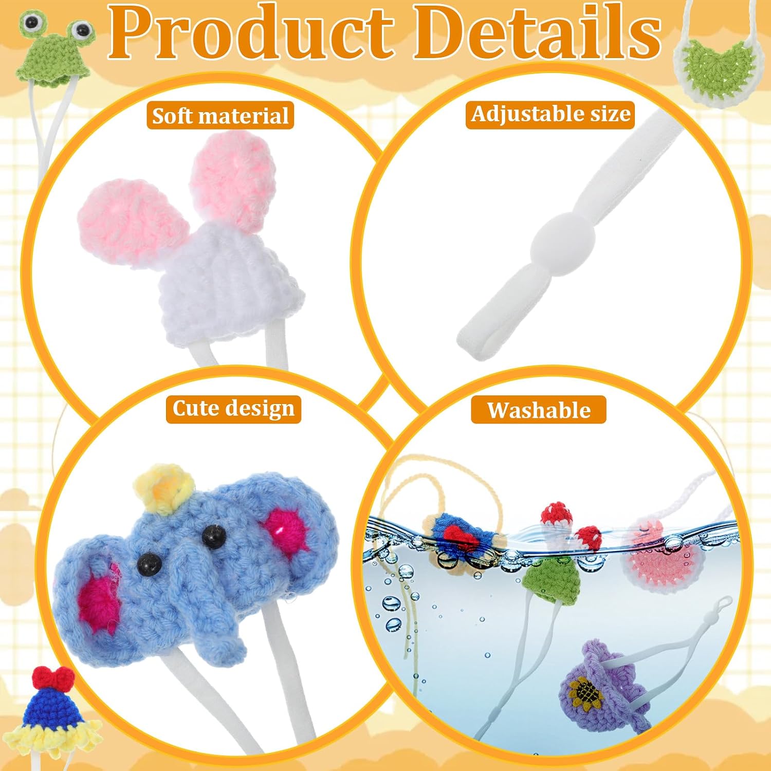 Sixteen piece collection of Abbylike tiny pet bibs and matching woolen hats displayed in a flat lay arrangement.