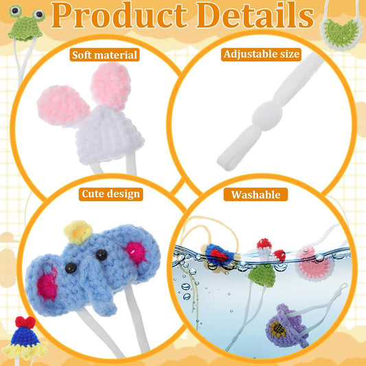 Sixteen piece collection of Abbylike tiny pet bibs and matching woolen hats displayed in a flat lay arrangement.