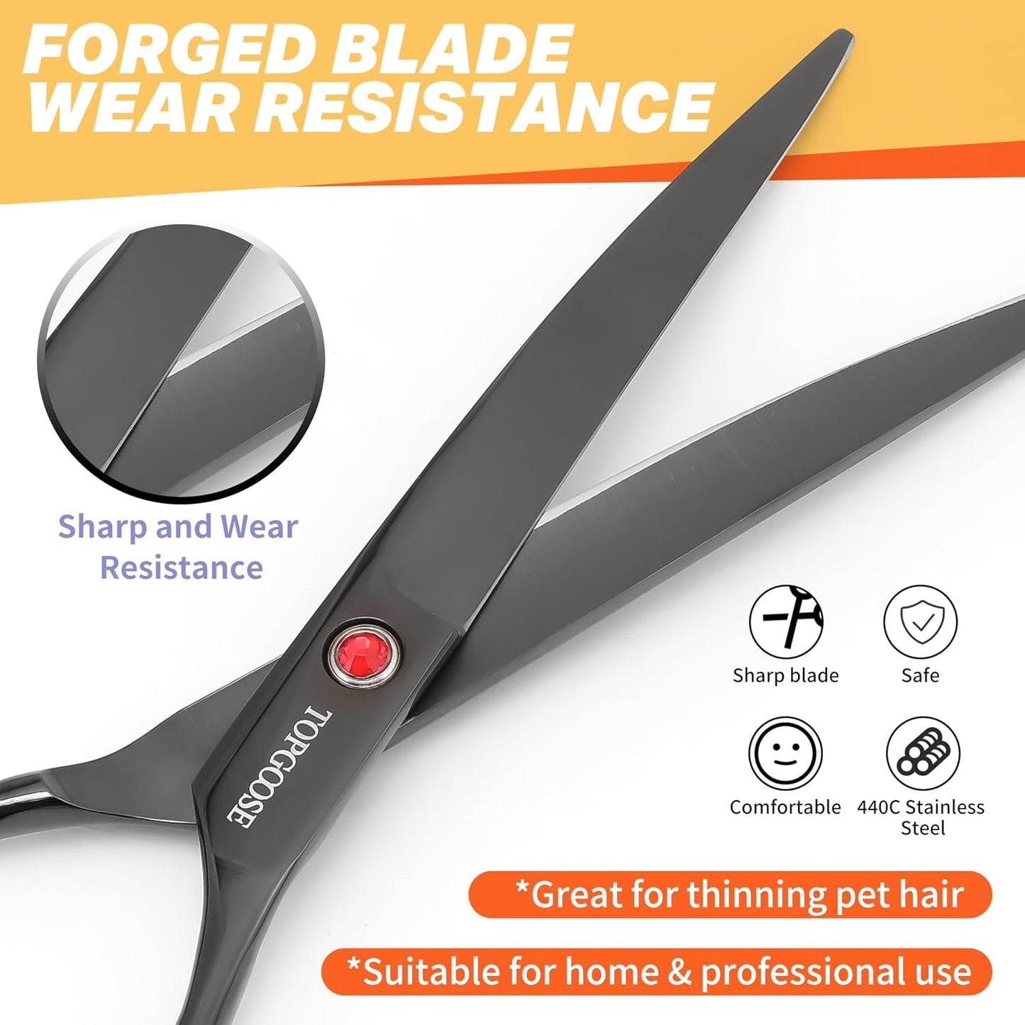 Topgoose curved pet hair cutting shear side profile demonstrating the precise downward curve angle.