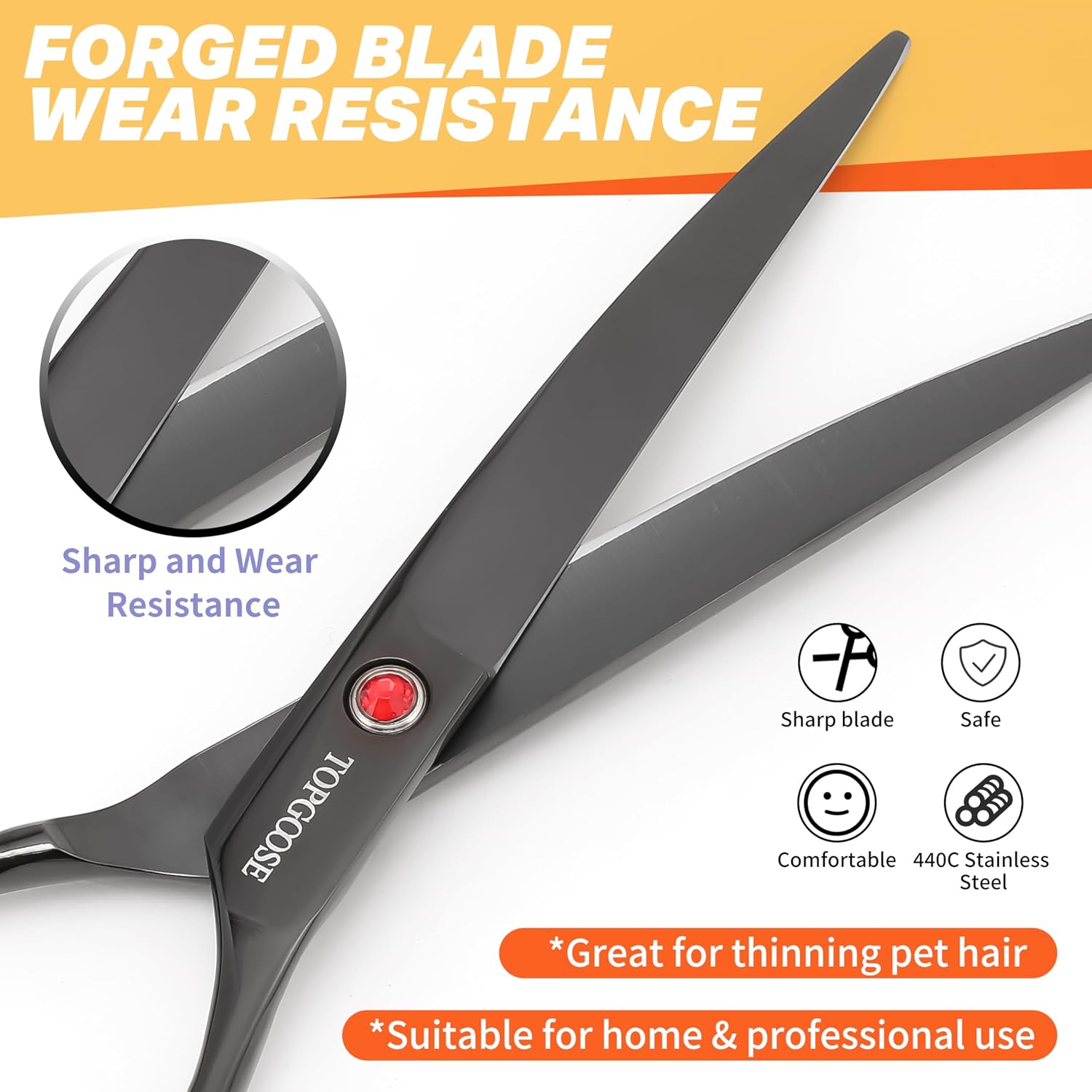 Topgoose curved pet hair cutting shear side profile demonstrating the precise downward curve angle.