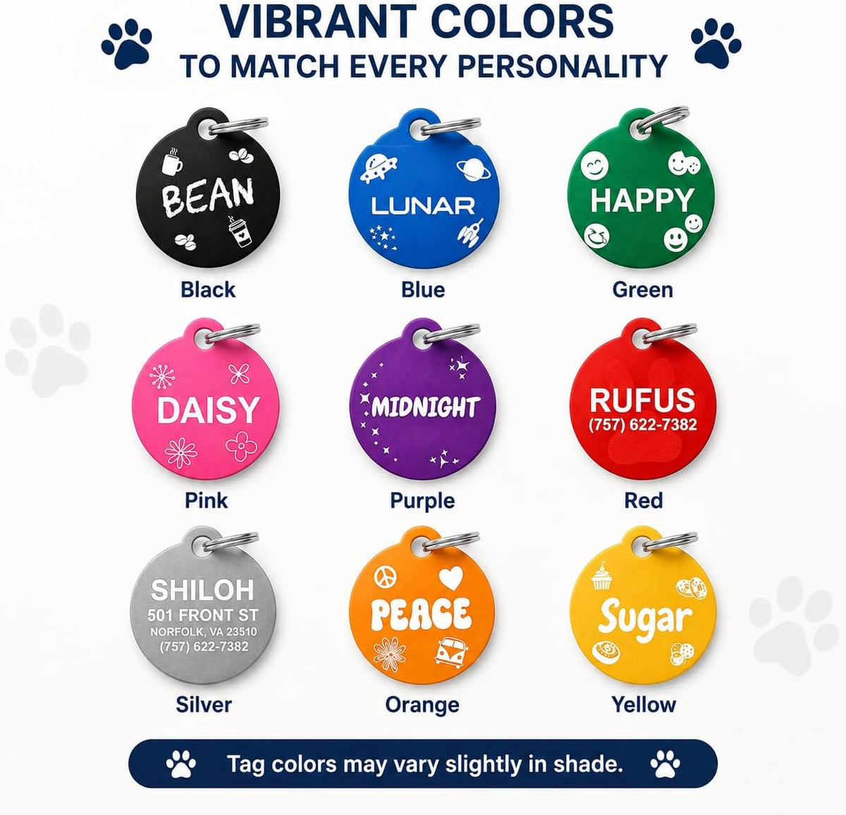 Heart and round shaped custom pet name tags for dogs and cats