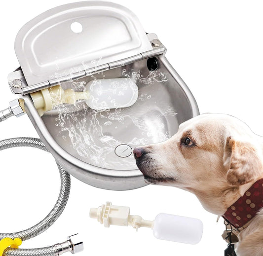 AKUATUZ automatic dog water bowl dispenser front view showing stainless steel trough.