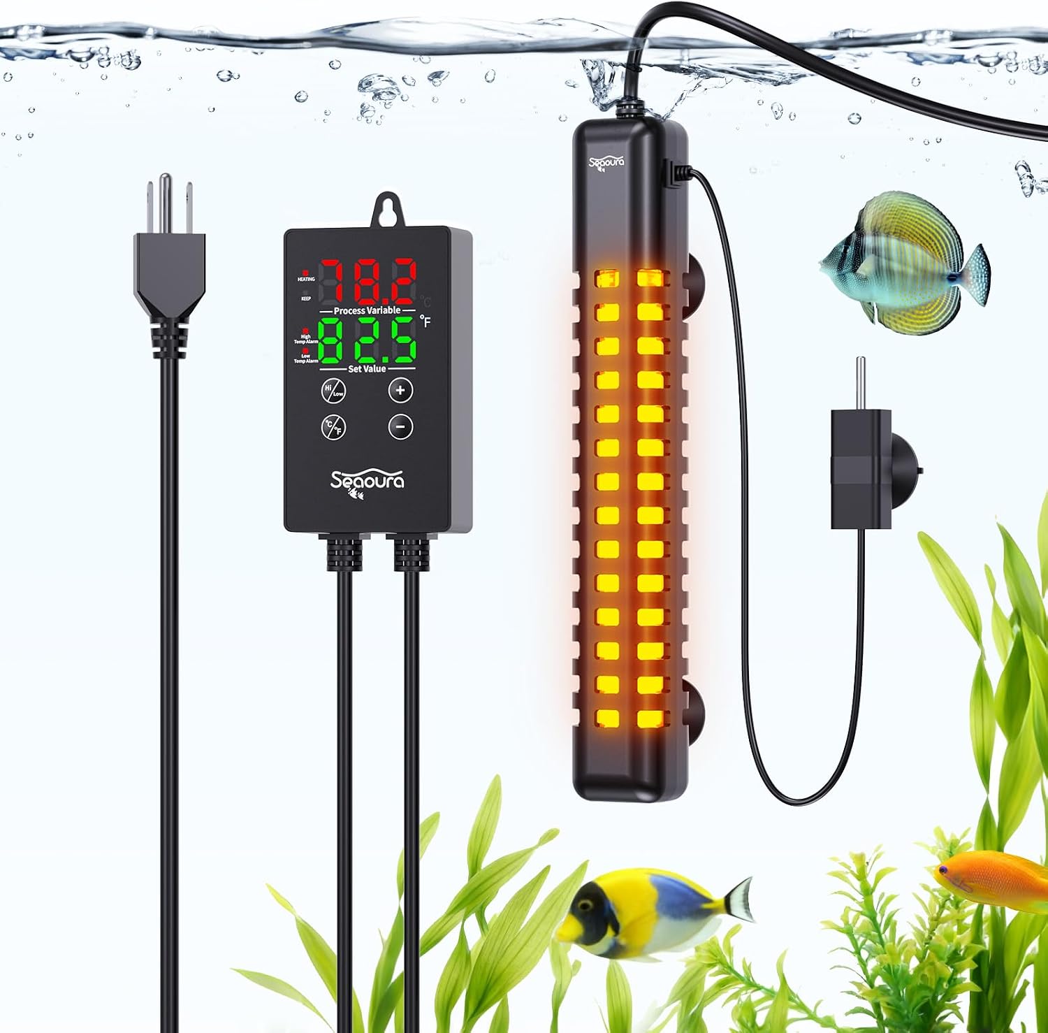 Seaoura 300W aquarium heater with digital controller front view