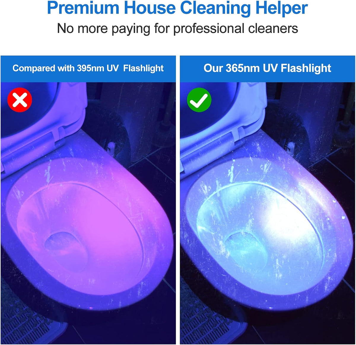 Vansky professional handheld ultraviolet torch demonstrating pet urine and dry stain detection on carpet.