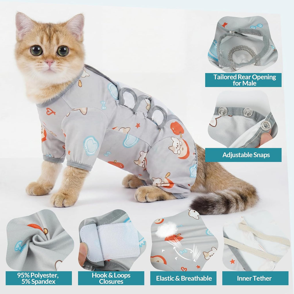 Back view of cat wearing Rozkitch recovery onesie with closures