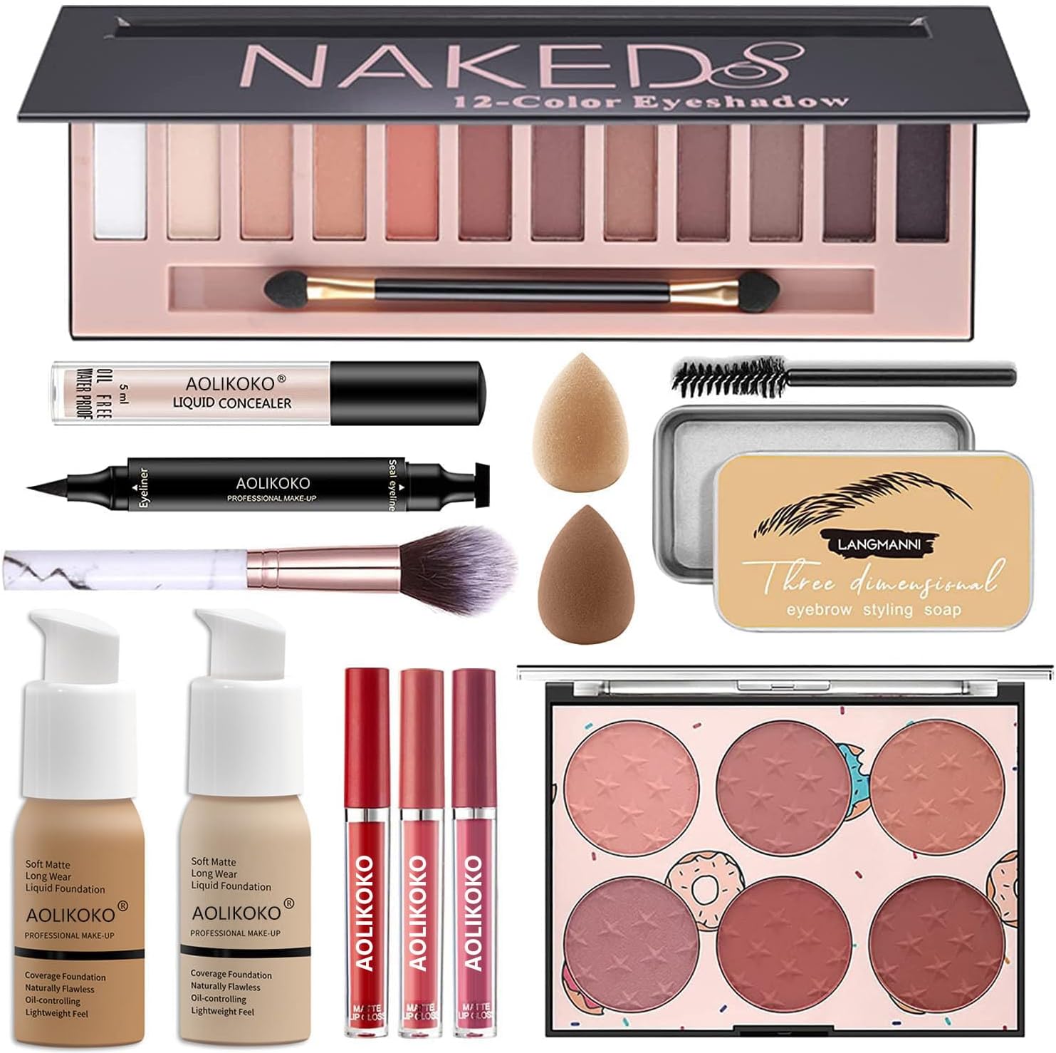 Aolikoko 12 Color Pro Makeup Kit front view showing open eyeshadow palette and foundations.