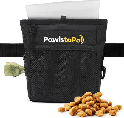 PawistaPal dog treat pouch front view showing black polyester fabric and waist clip