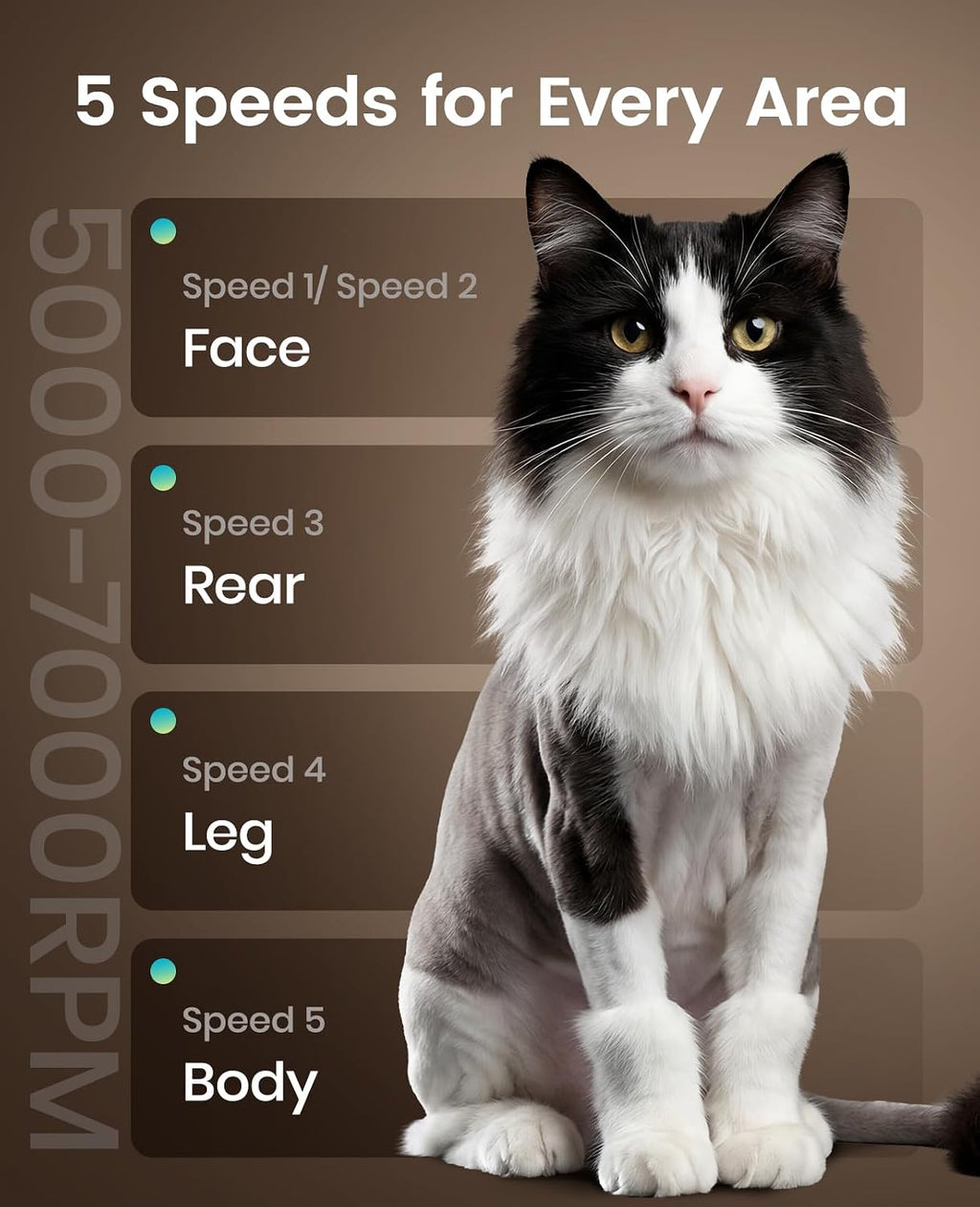 oneisall Cat Clippers for Matted Hair, 5-Speed Quiet Cat Grooming kit - Image 4