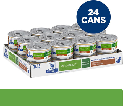 Side profile of Hill's feline metabolic weight management canned food showing nutritional details.