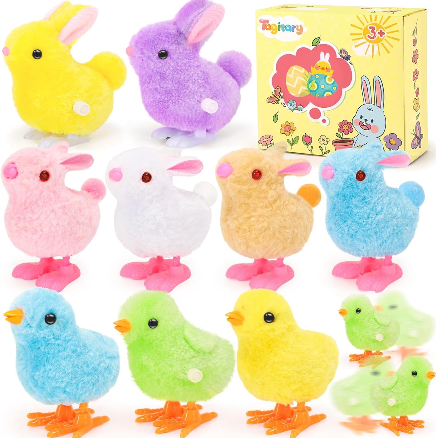Tagitary plush bunny and jumping chick wind up toys front view showcasing colorful selection