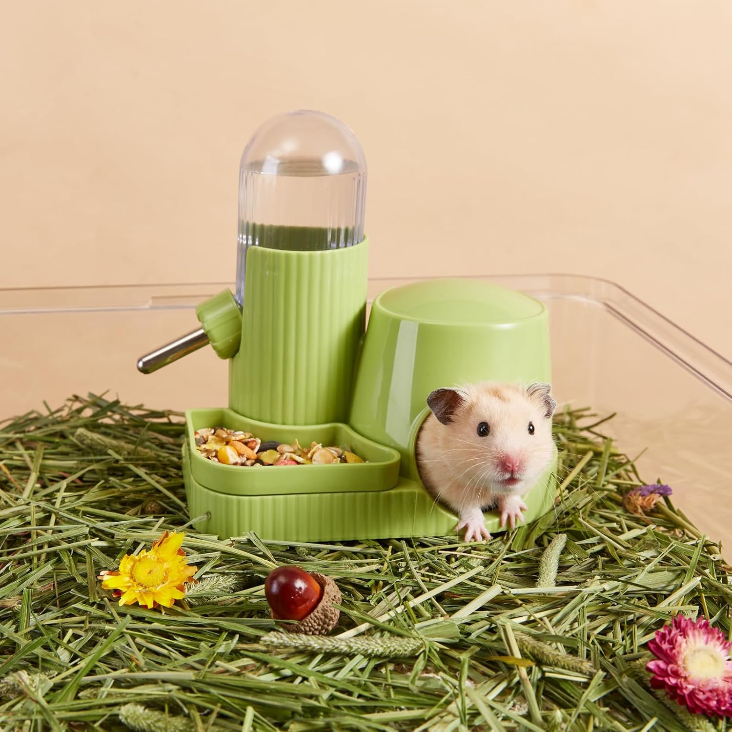 3 in 1 Hamster Water Bottle No Drip Automatic Leakproof Dispenser with Food Container and Hideout Base for Gerbil Rat Dwarf Hamster Mouse (Green, 3.4oz) - Image 3