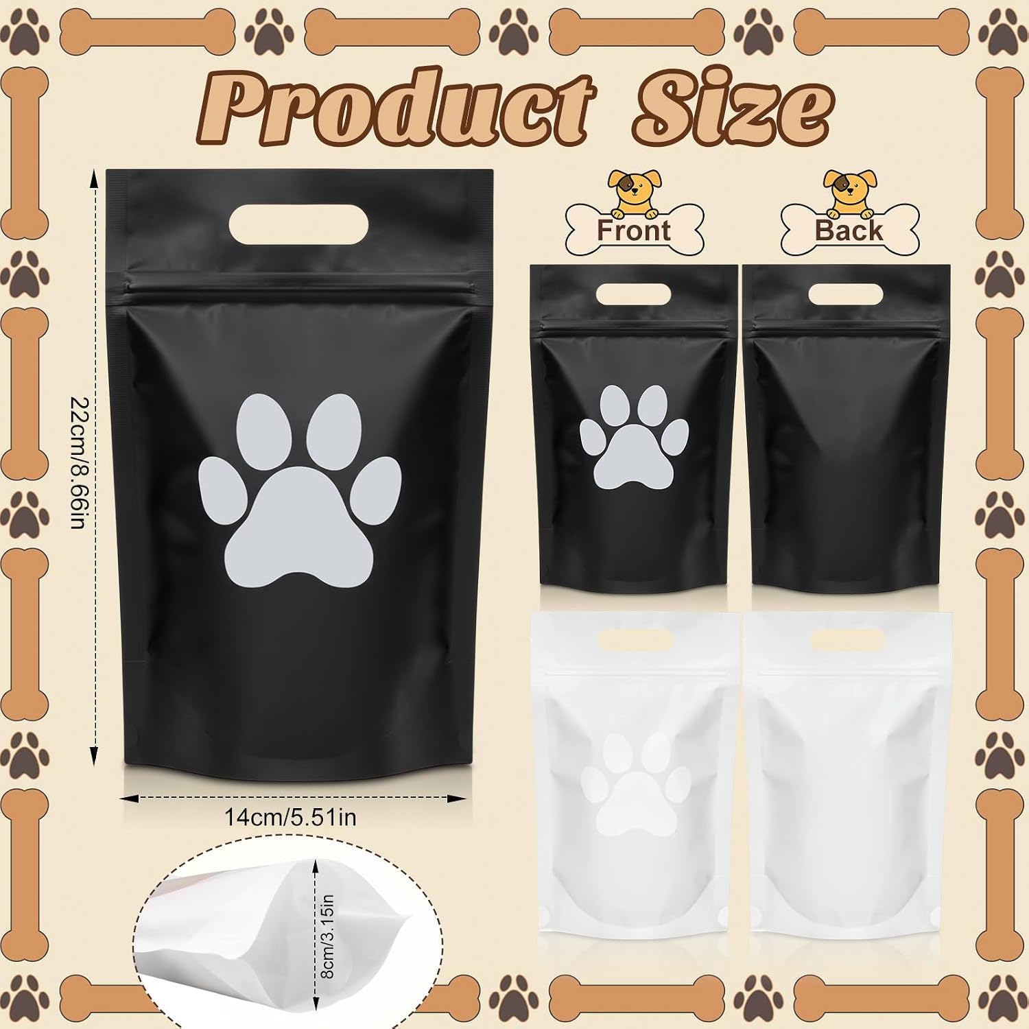 Stand up plastic treat bags with dog paw cutout design