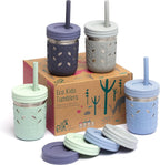 Elk and Friends Stainless Steel Kids Cups four pack front view showing colorful silicone sleeves