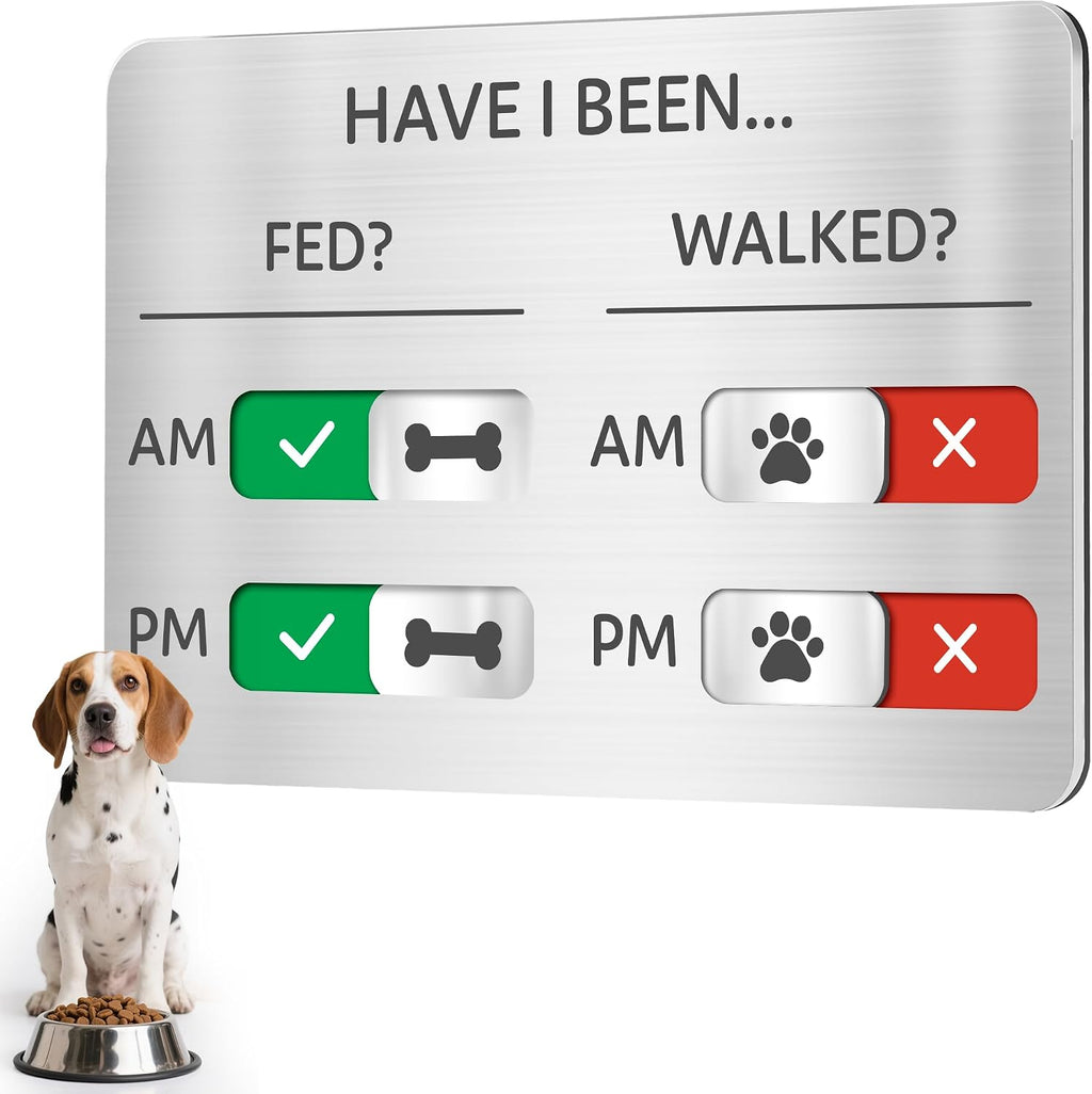 EliteSign dog feeding reminder sign front view showing brushed silver acrylic slider board.