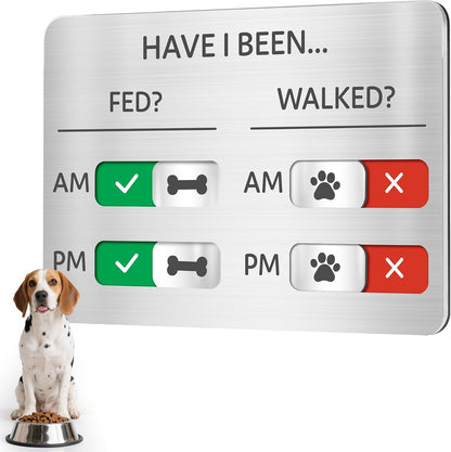 EliteSign dog feeding reminder sign front view showing brushed silver acrylic slider board.