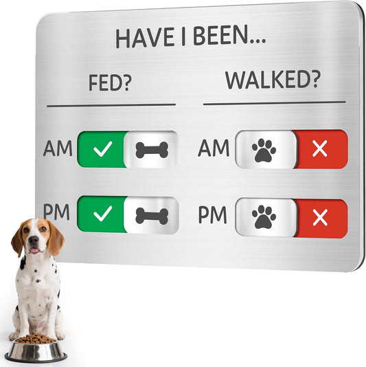 EliteSign dog feeding reminder sign front view showing brushed silver acrylic slider board.