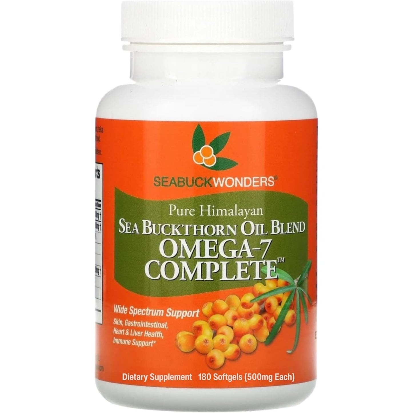 SeabuckWonders Organic Sea Buckthorn Oil Omega 7 front view of one hundred and eighty softgel bottle