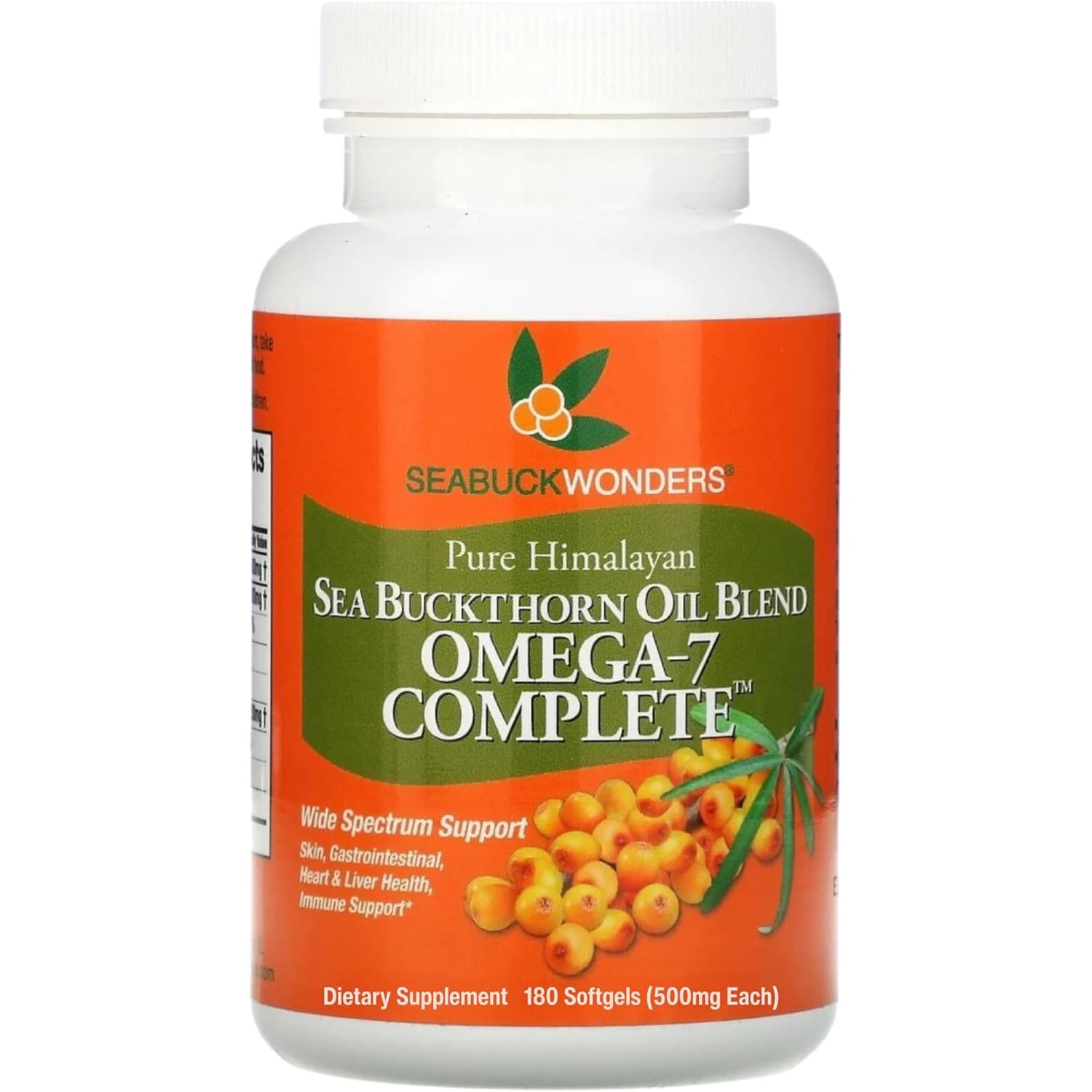 SeabuckWonders Organic Sea Buckthorn Oil Omega 7 front view of one hundred and eighty softgel bottle