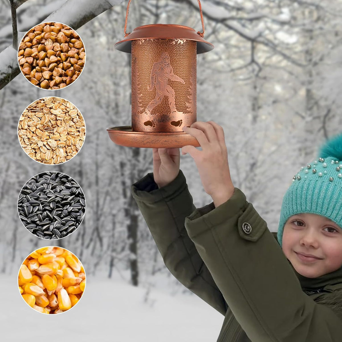 Tepaken Bigfoot garden decor lantern hanging on a tree branch outdoors