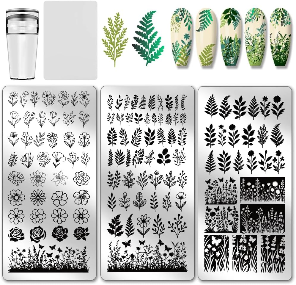 PH PandaHall flower leaf nail stamping plates front view displaying intricate rose and daisy stainless steel stencils.