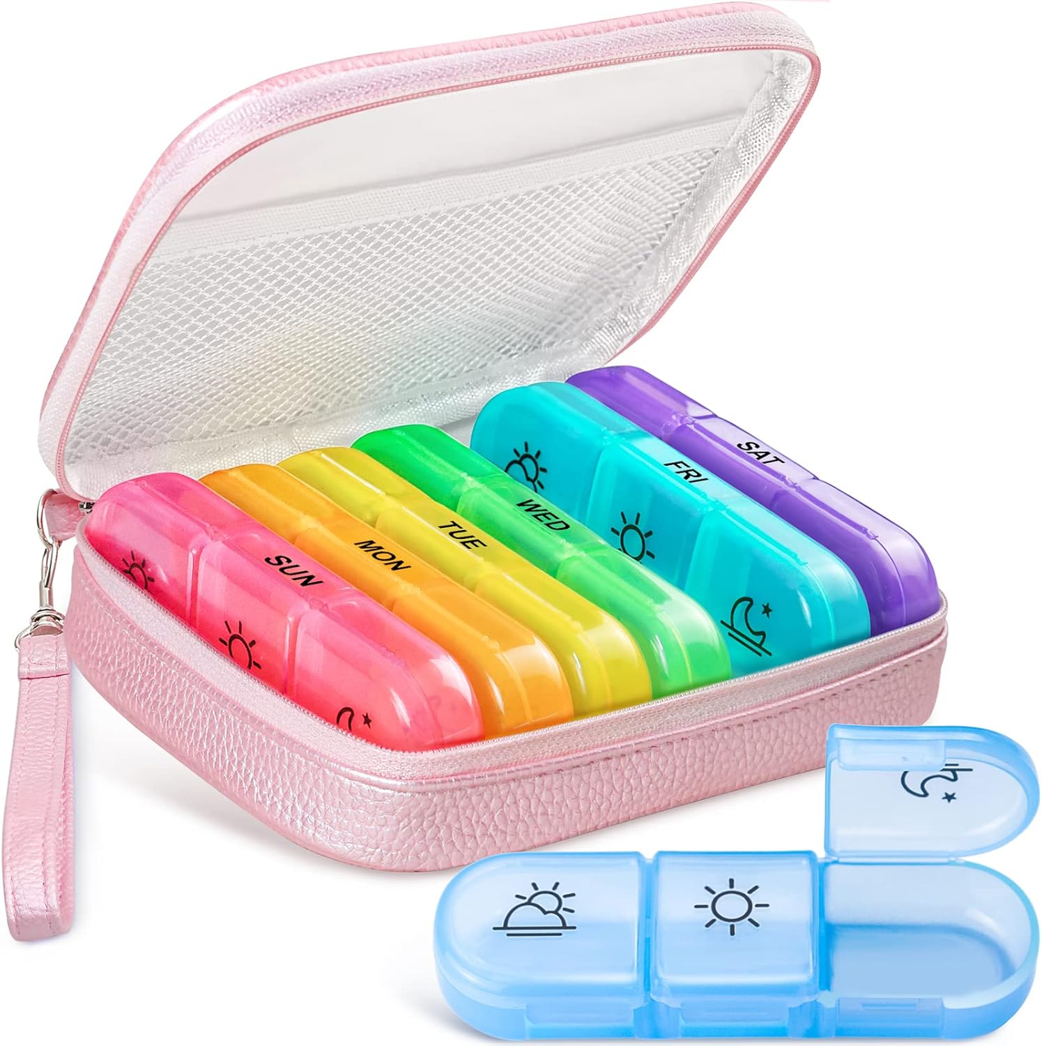 AMOOS cute pill organizer three times a day pink front view showing zippered leather pouch