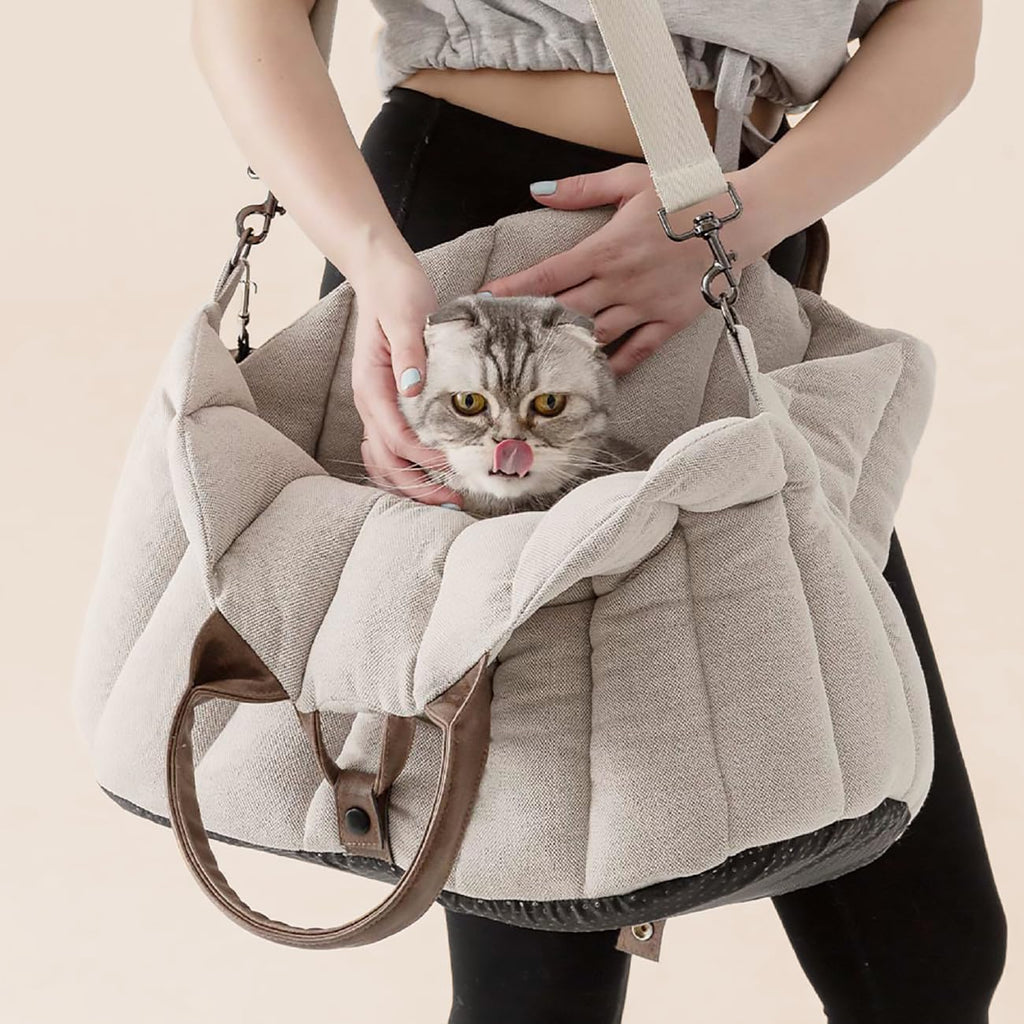 Lifestyle shot of small dog inside Peppy Buddies travel purse