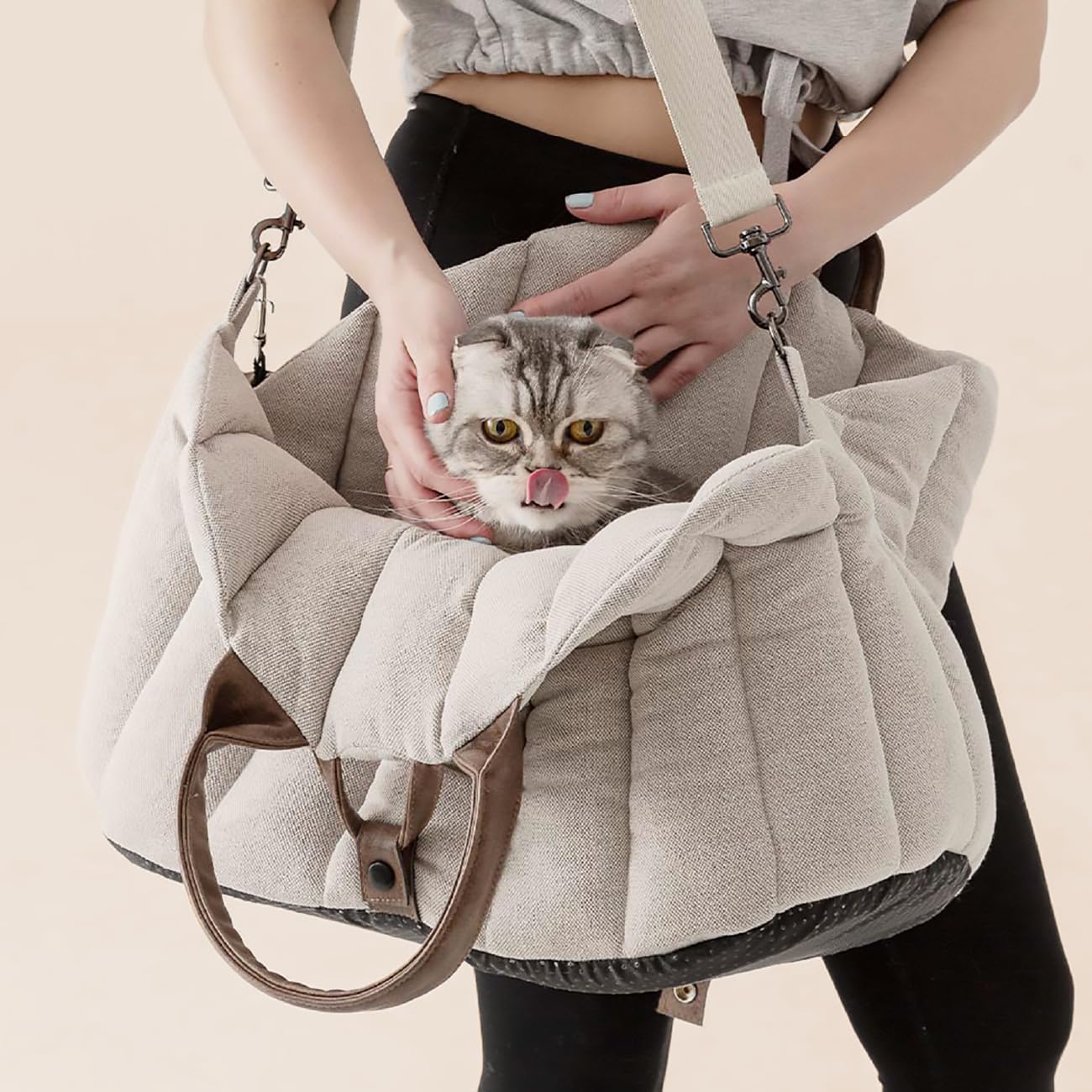 Lifestyle shot of small dog inside Peppy Buddies travel purse