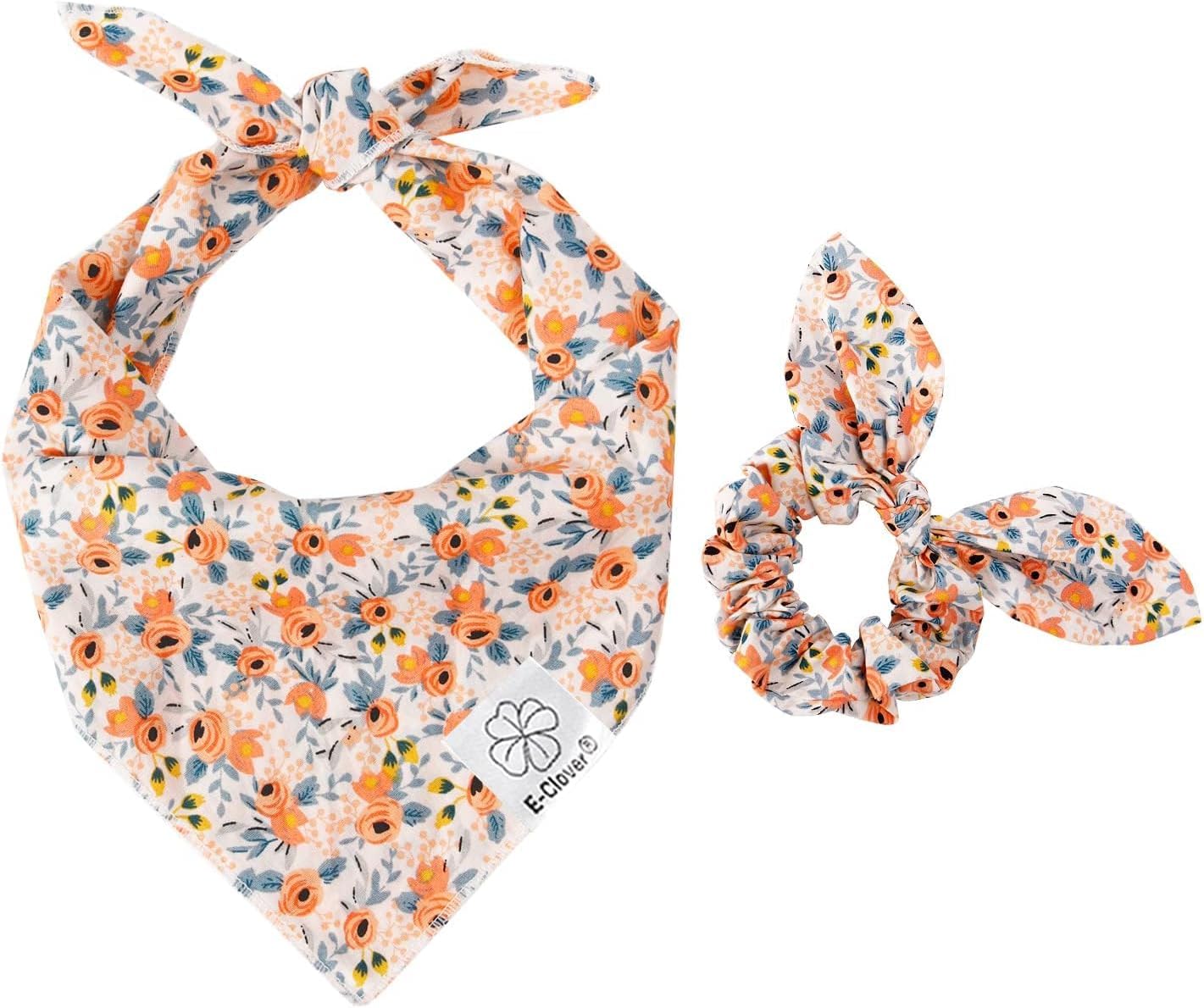 E-Clover dog bandana and matching scrunchie set front view floral pet accessories