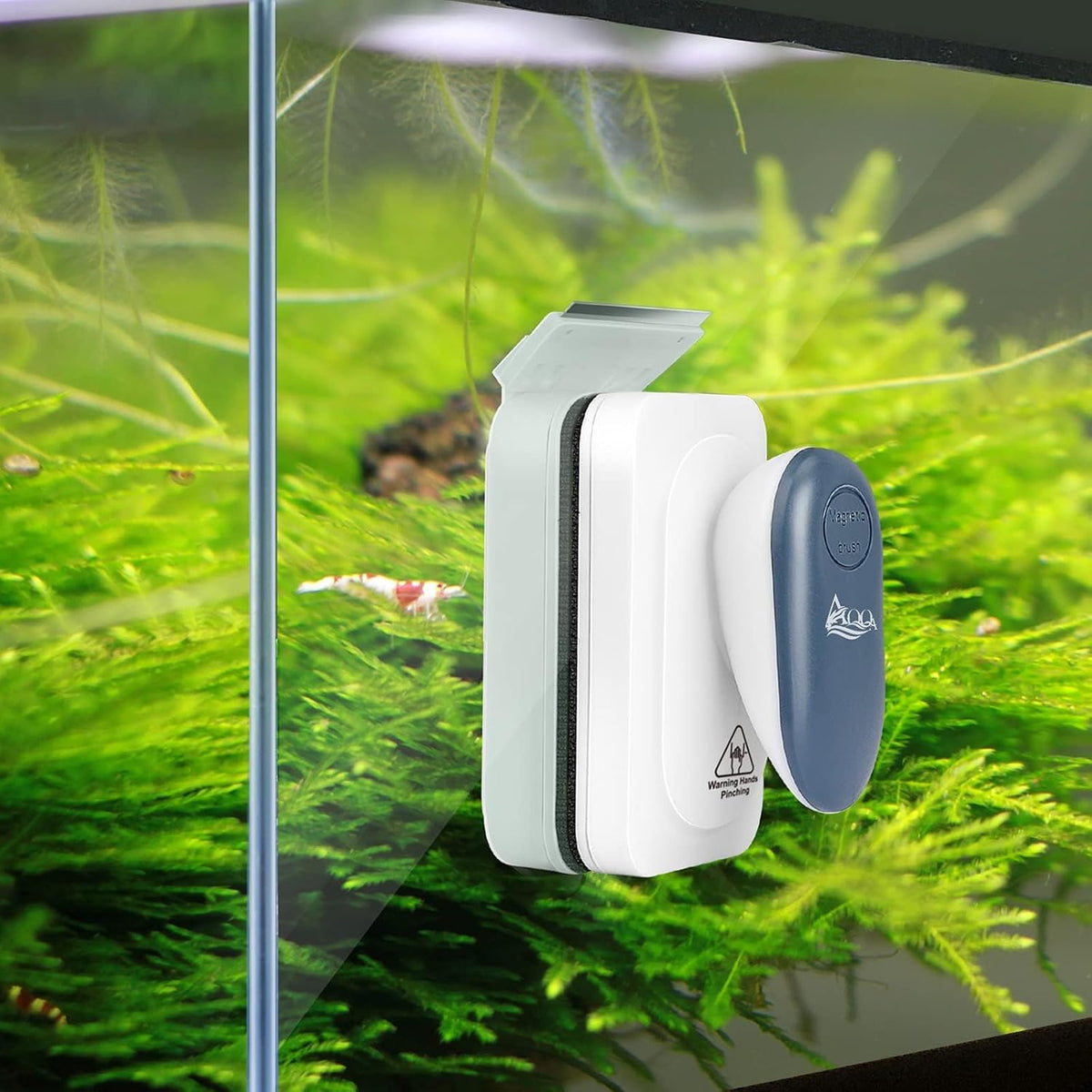 AQQA fish tank algae magnet scrubber separating into its interior floating piece and exterior cleaning handle.
