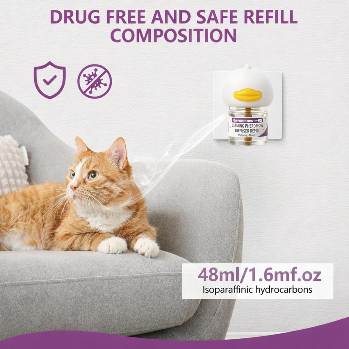 Close-up of the non-toxic cat pheromone refill bottle being twisted into the plug-in base.