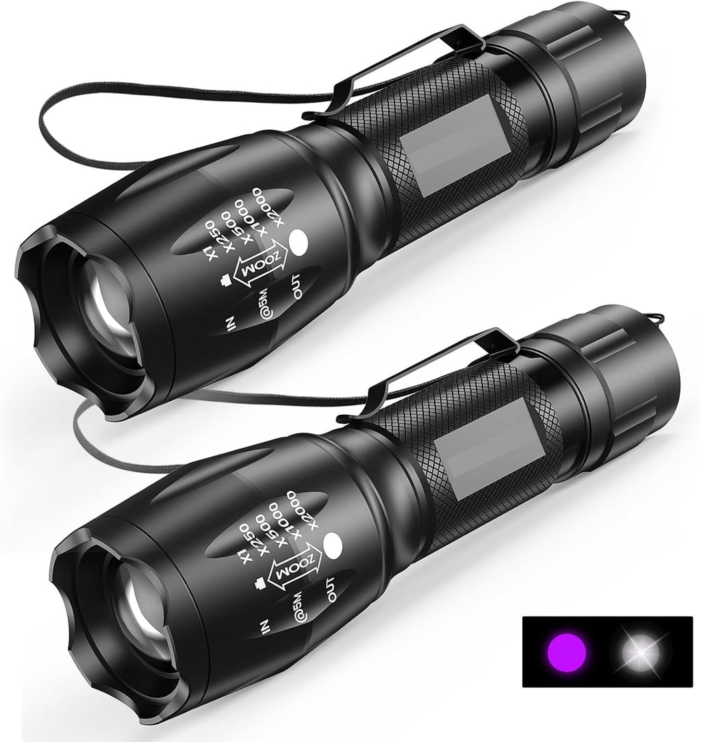 Complete packaging of the imported MOWETOO black light torch highlighting the included AAA batteries.