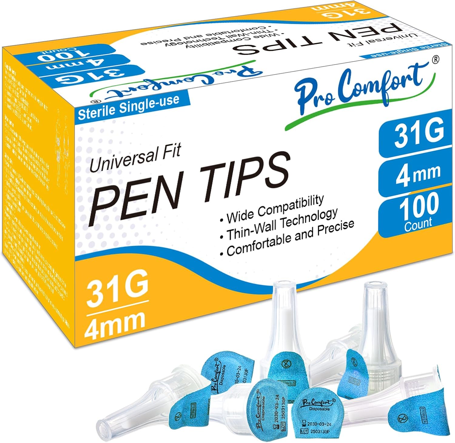Gluco-Care Pro Comfort Pen Tips 31G 4mm 100 Count front box view for diabetes care.